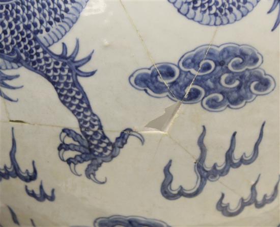 A massive Chinese blue and white dragon tripod censer, Qianlong mark and of the period (1736-95)